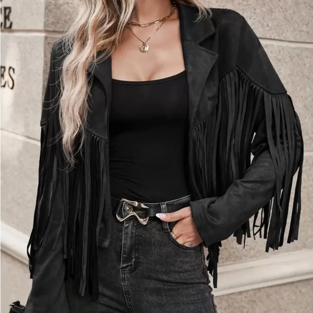Black Fringe Women's Jacket boho festival blazer - Picture 2 of 7
